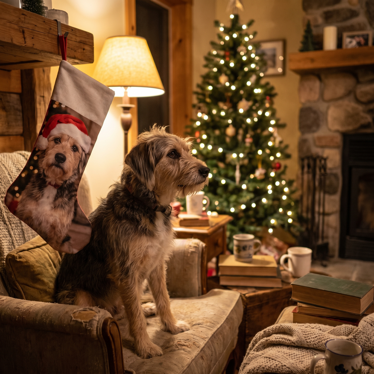Chien devant son bas de Noël imprimé