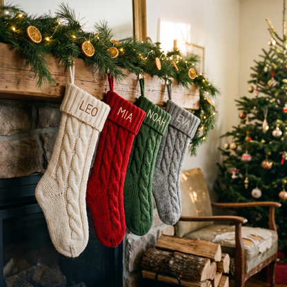 Bas de Noël en tricot suspendus au manteau de cheminée