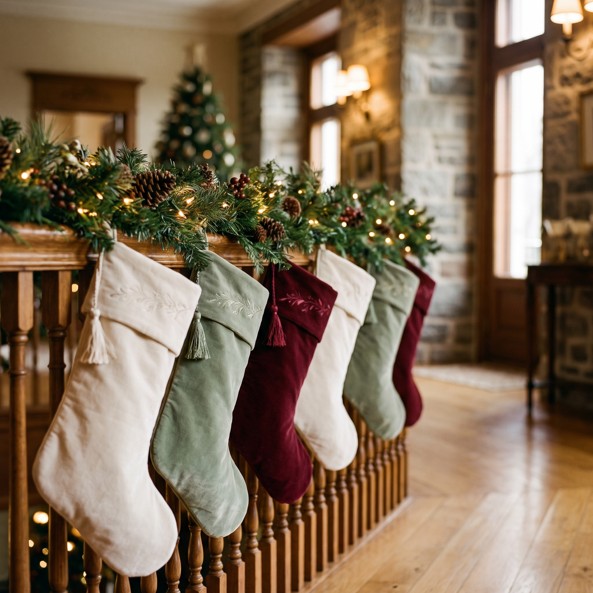 Bas de Noël en velours alignés sur une rampe d'escalier