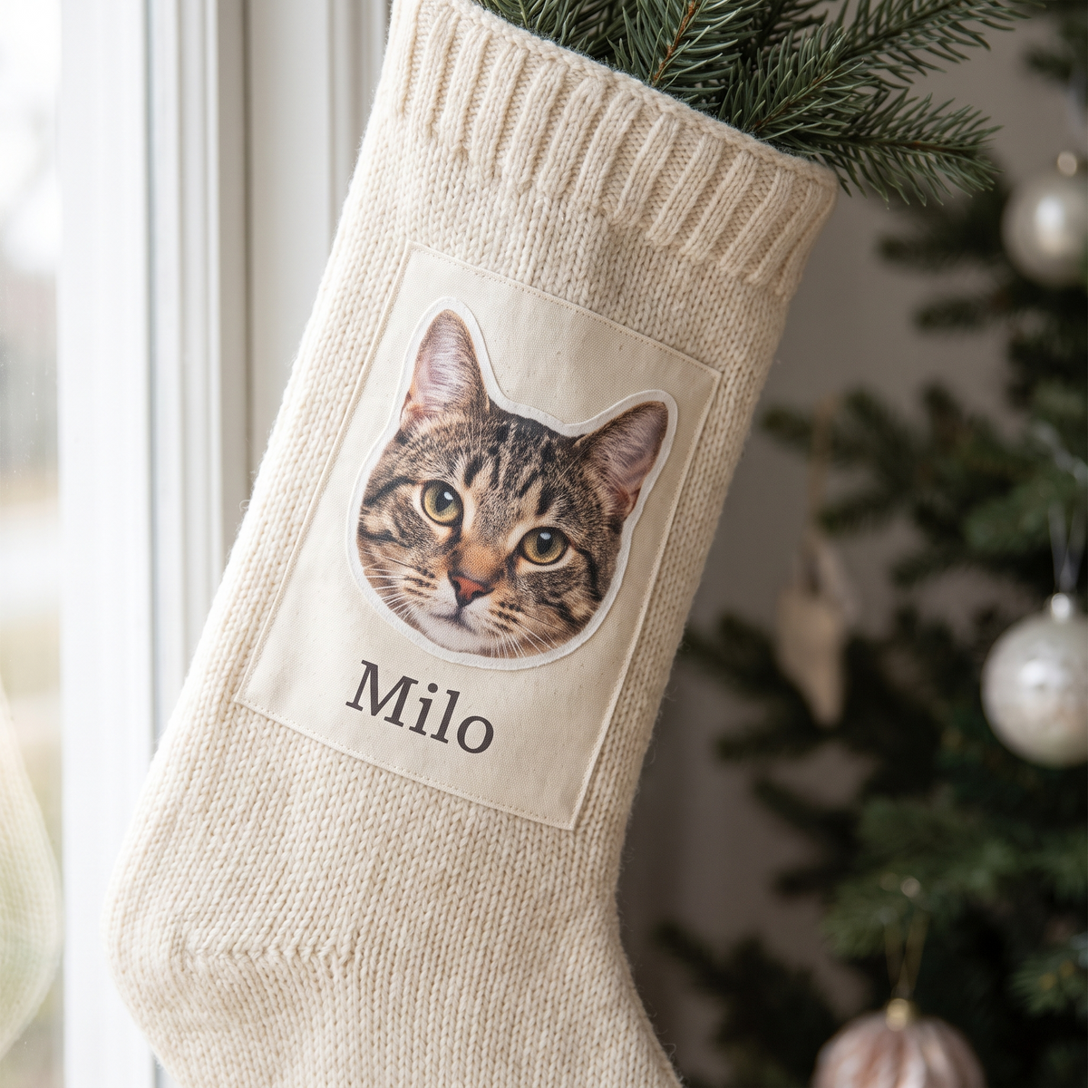 Gros plan d'un bas de Noël imprimé à la photo d'un chat