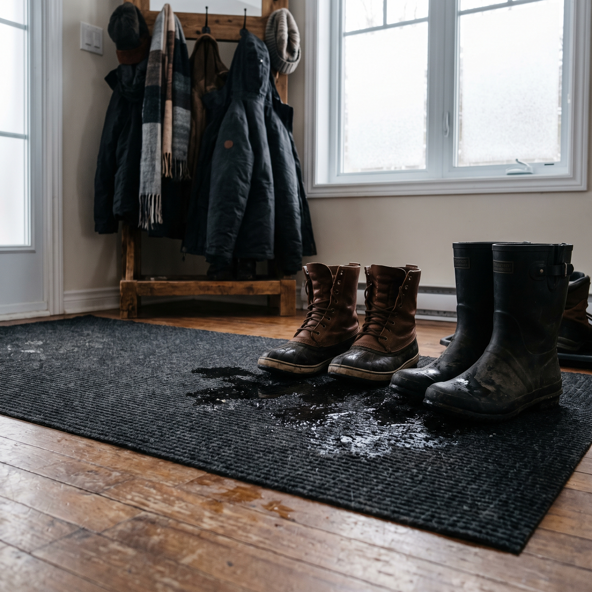 Tapis d'entrée absorbant avec des bottes d'hiver mouillées