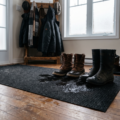 Tapis d'entrée absorbant avec des bottes d'hiver mouillées