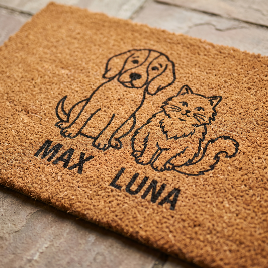 Gros plan d'un paillasson illustré d'un chien et d'un chat