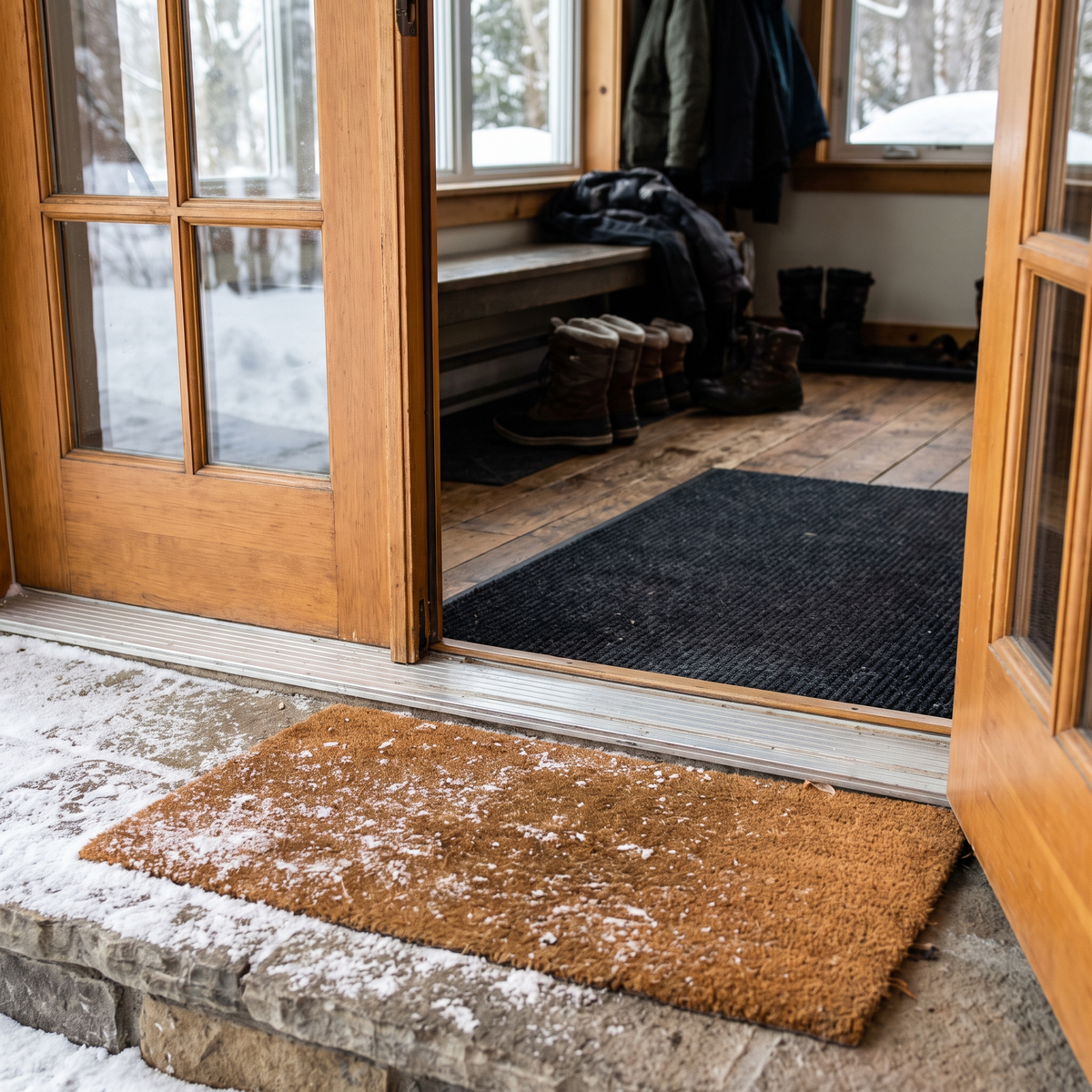 Paillasson dehors et tapis absorbant dedans en hiver