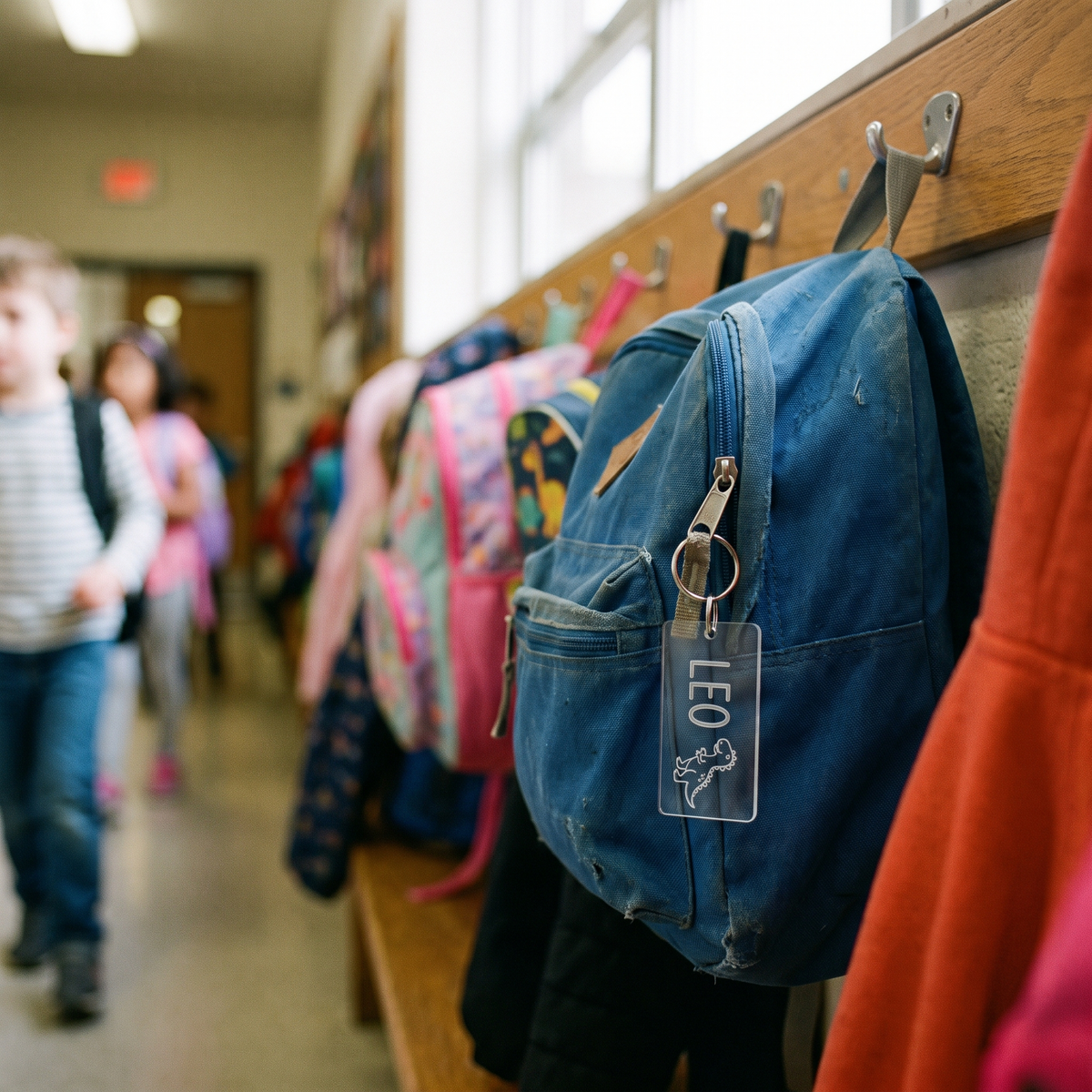 Étiquette-nom clipsée sur un sac à dos d'écolier