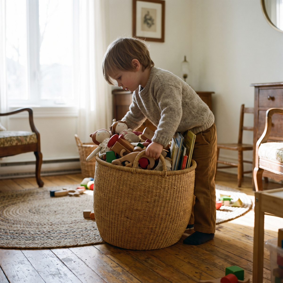 Enfant transportant un panier de rangement tressé