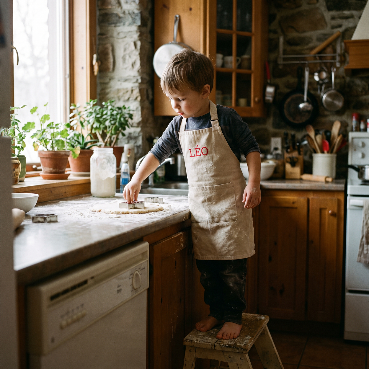 Enfant en tablier brodé découpant des biscuits