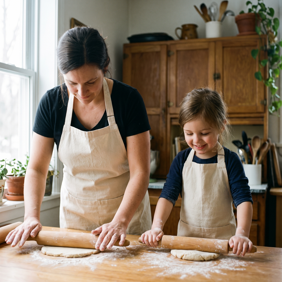 Adulte et enfant en tabliers assortis dans la cuisine
