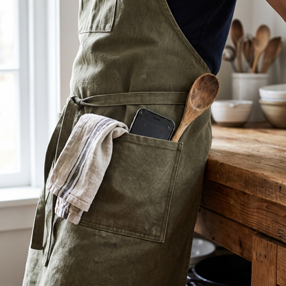 Poche avant d'un tablier de cuisine avec un linge