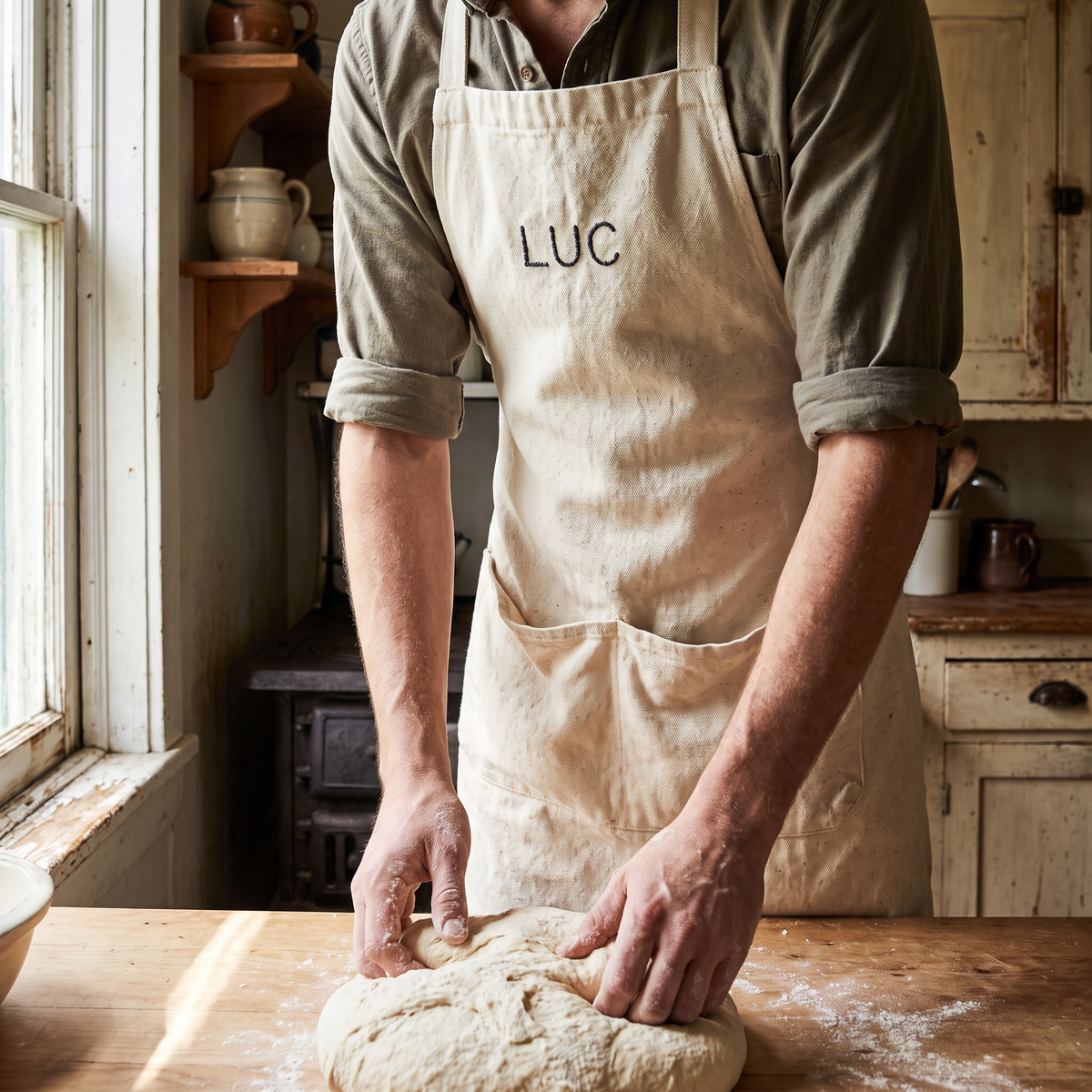 Tablier de cuisine brodé porté au comptoir