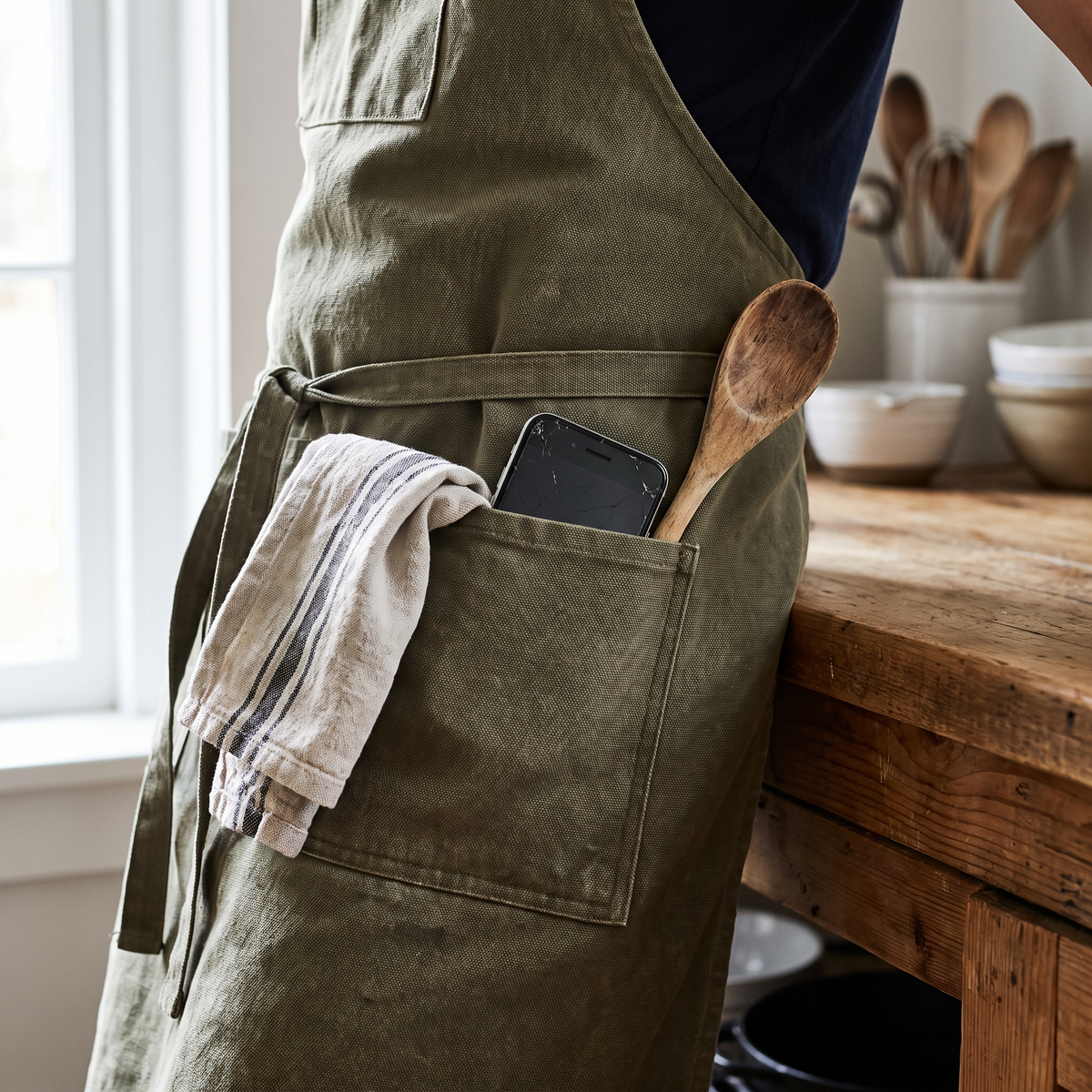 Poche avant d'un tablier de cuisine avec un linge