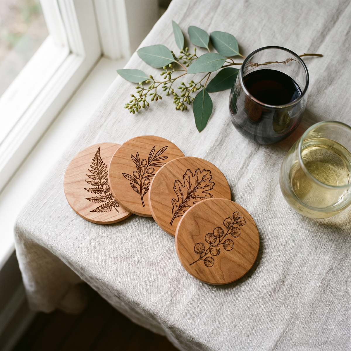 Sous-verres en bois gravés