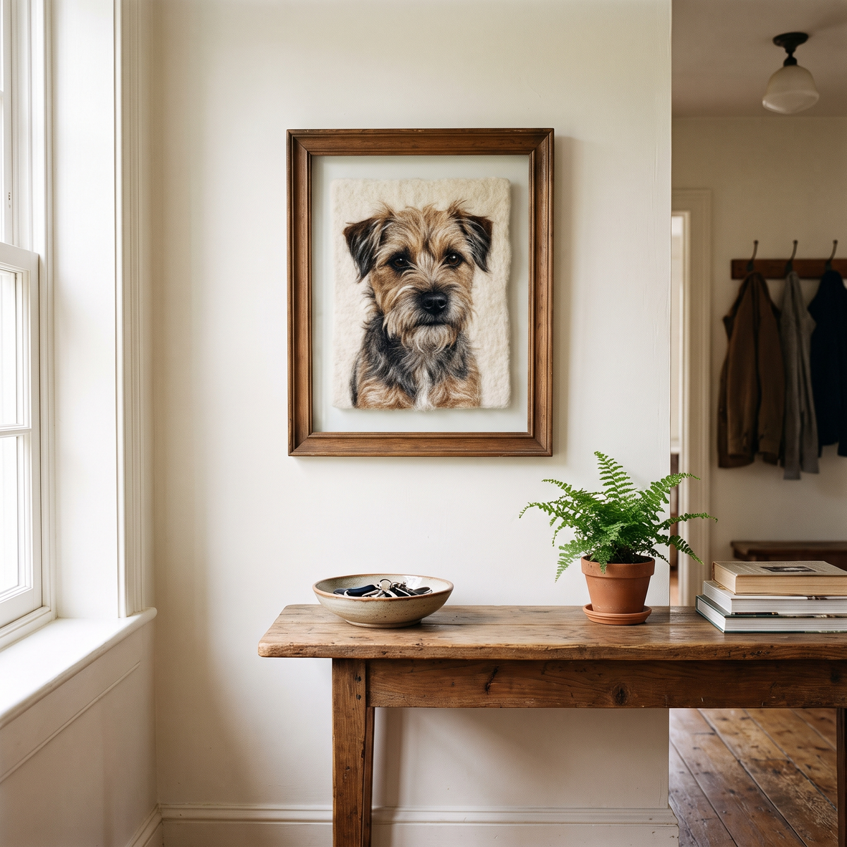 Portrait souvenir d'un chien en feutre de laine, encadré sous verre