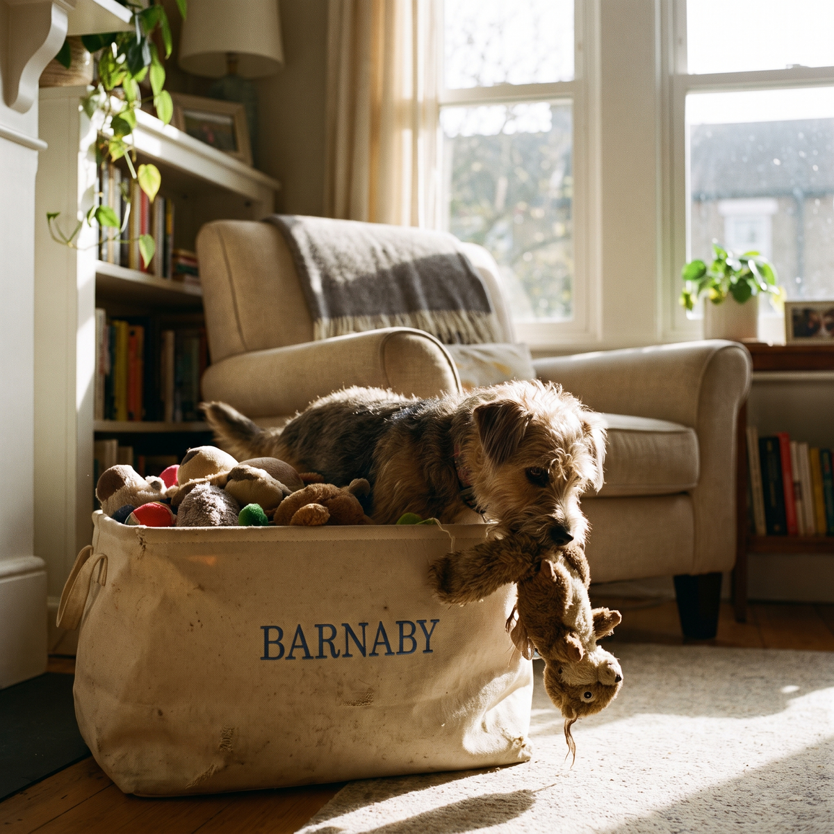 Panier à jouets brodé au nom du chien
