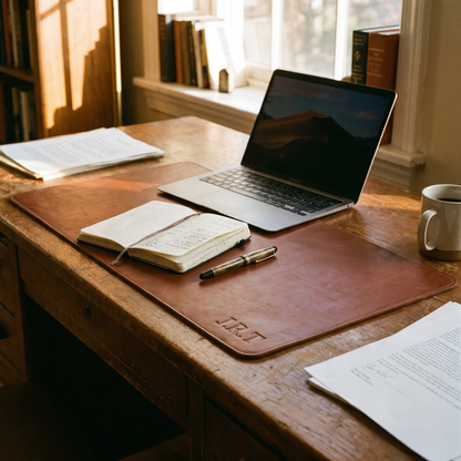 Sous-main de bureau en cuir gravé