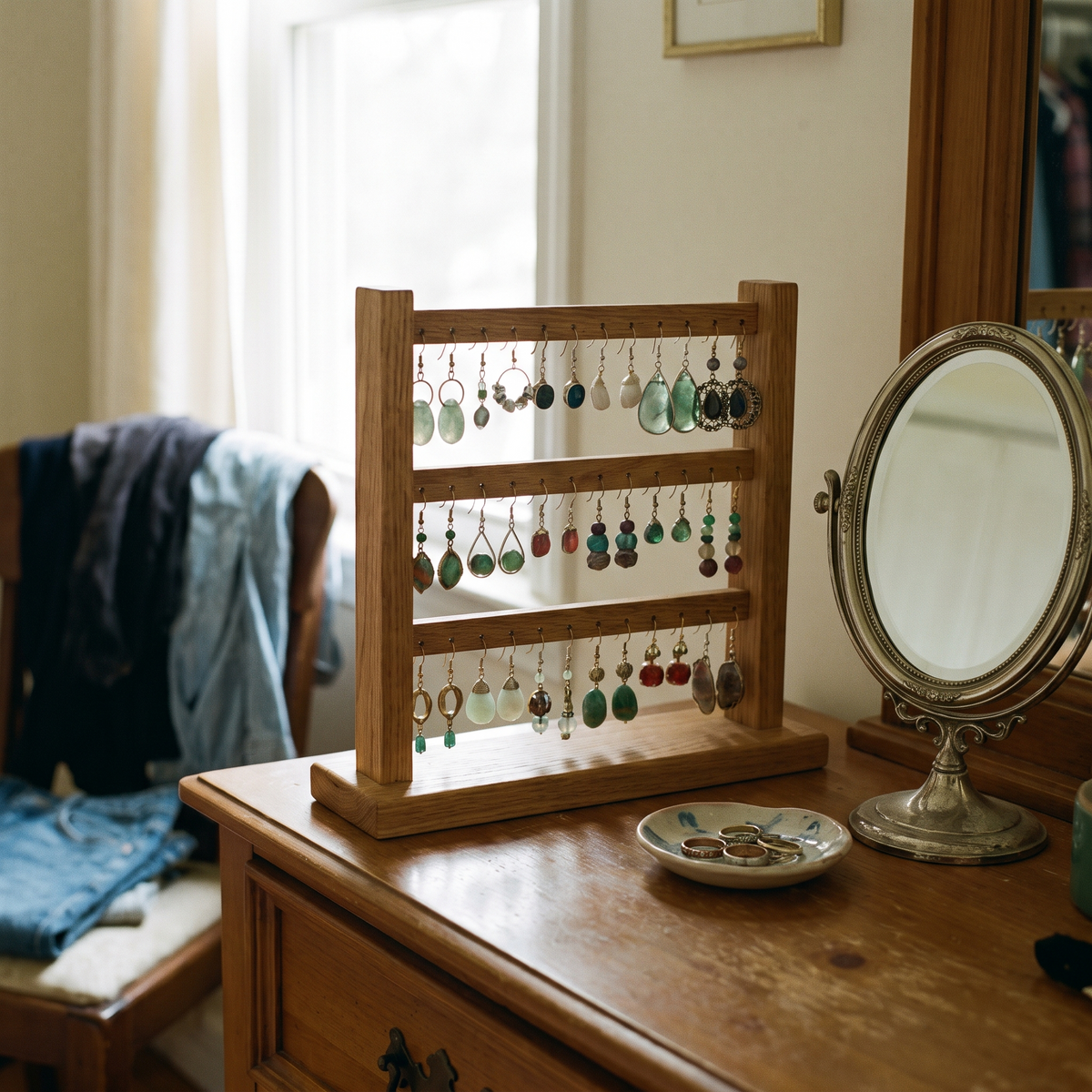 Présentoir à boucles d'oreilles en bois