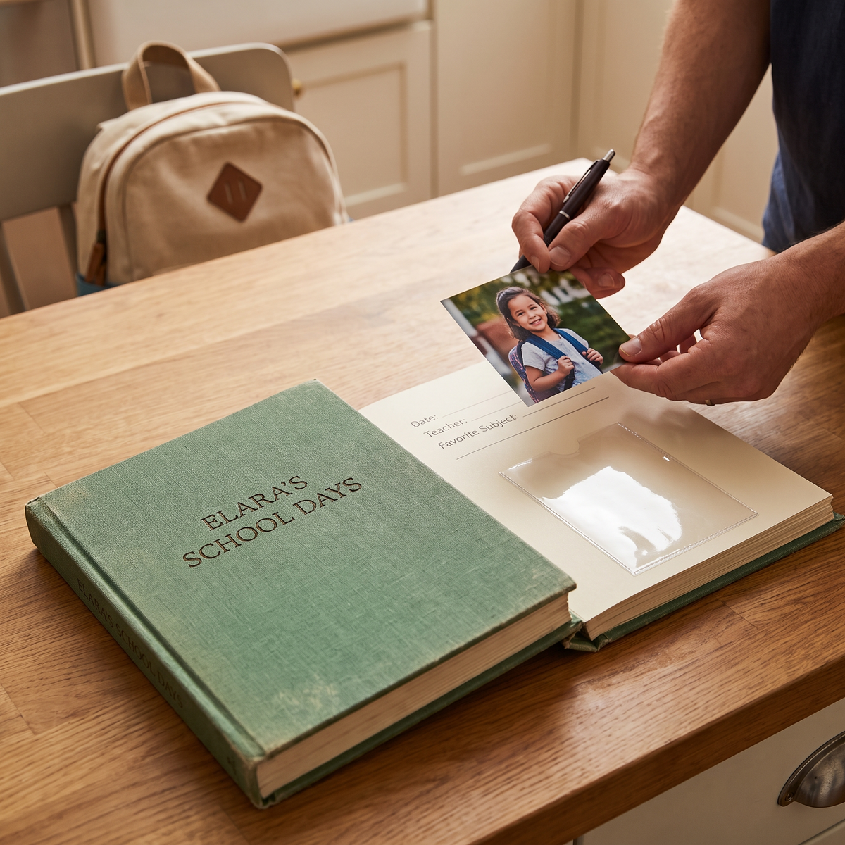 Livre souvenir des années scolaires ouvert sur une table de cuisine, photo de rentrée à la main