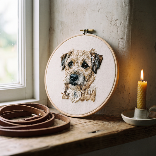 Portrait de chien brodé au fil dans un cerceau de bois, posé sur une tablette