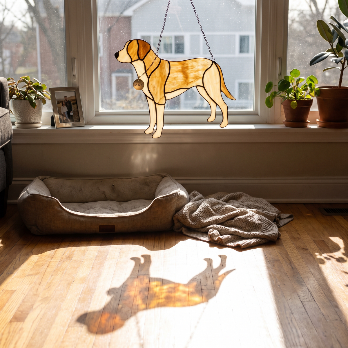 Attrape-soleil en vitrail à la silhouette d'un chien, suspendu dans une fenêtre au soleil