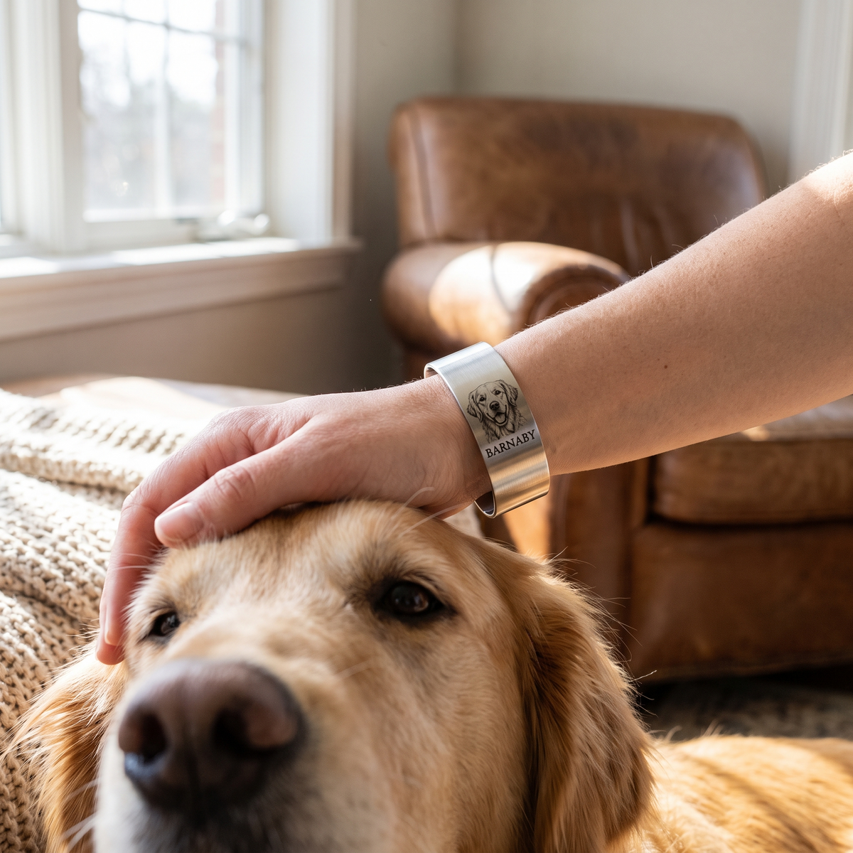 Bracelet jonc gravé du portrait d'un chien, porté au poignet, la main posée sur l'animal