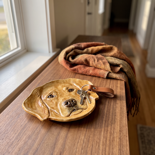 Vide-poche en céramique sculpté au portrait d'un chien, posé sur une console d'entrée avec des clés