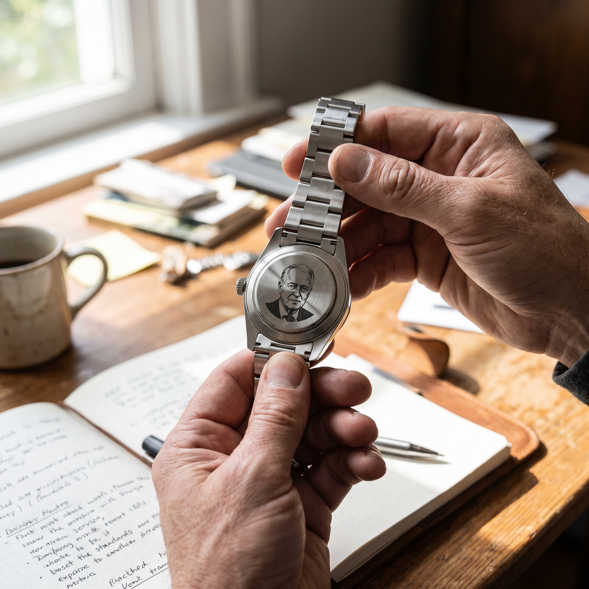 Montre en acier brossé tenue à deux mains, endos gravé d'un portrait photo