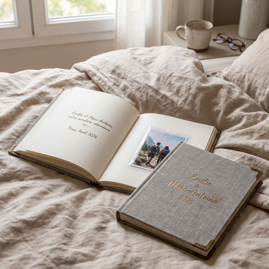 Album d'aventures de couple en lin, ouvert sur un lit, pages à compléter et photo glissée dans une pochette