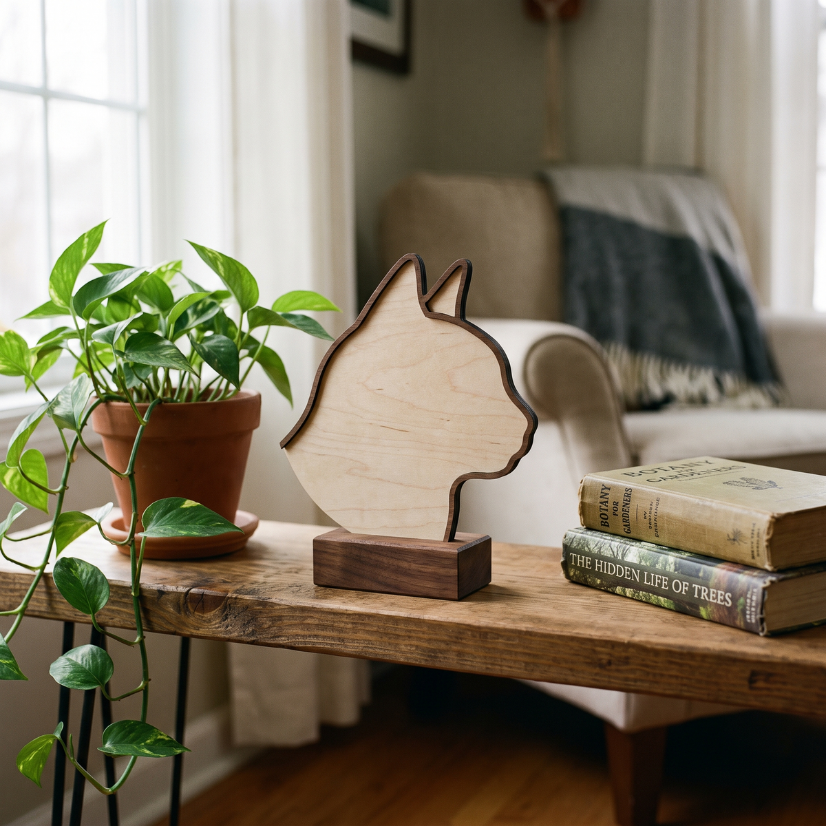 Silhouette découpée du profil d'un chat, sur socle de noyer, posée sur une tablette entre une plante et des livres