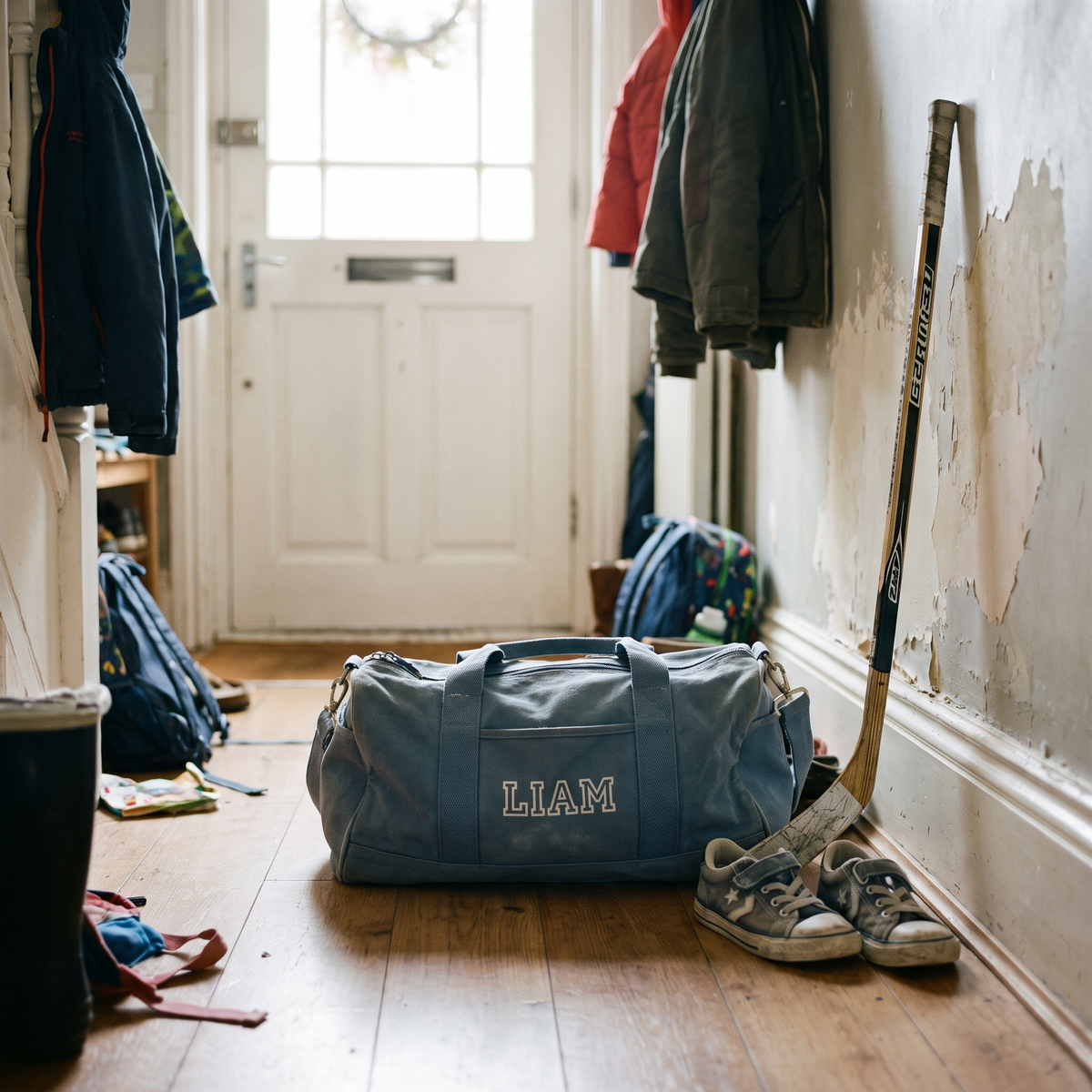 Sac de sport d'enfant en toile, brodé au prénom, posé dans une entrée avec des espadrilles