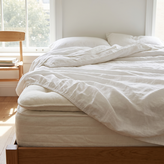 Drap housse en lin à bonnet profond sur un matelas épais, drap plat replié par-dessus
