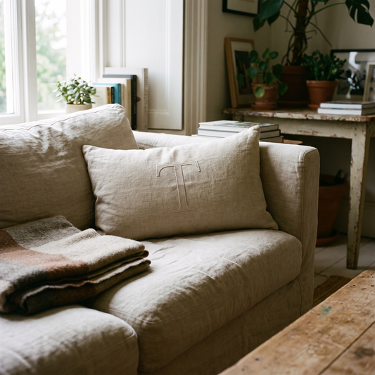 Coussin lombaire en lin brodé d'un monogramme, appuyé contre l'accoudoir d'un canapé