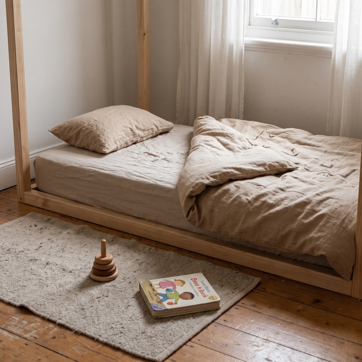 Lit au sol Montessori habillé de lin naturel : drap housse à bonnet court, housse de couette et taie