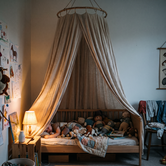 Ciel de lit en lin suspendu à un anneau de bois au-dessus d'un lit d'enfant