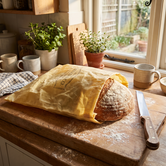 Sac à pain en lin enduit de cire d'abeille, ouvert sur un comptoir avec une miche de pain au levain