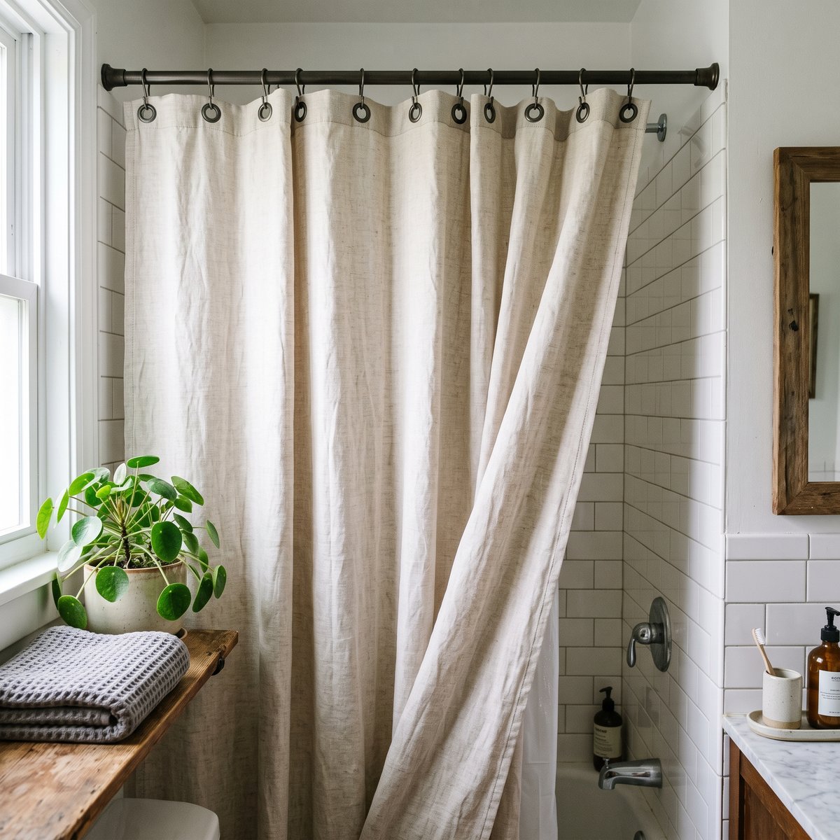 Rideau de douche en lin à douze œillets métalliques, doublure imperméable visible derrière