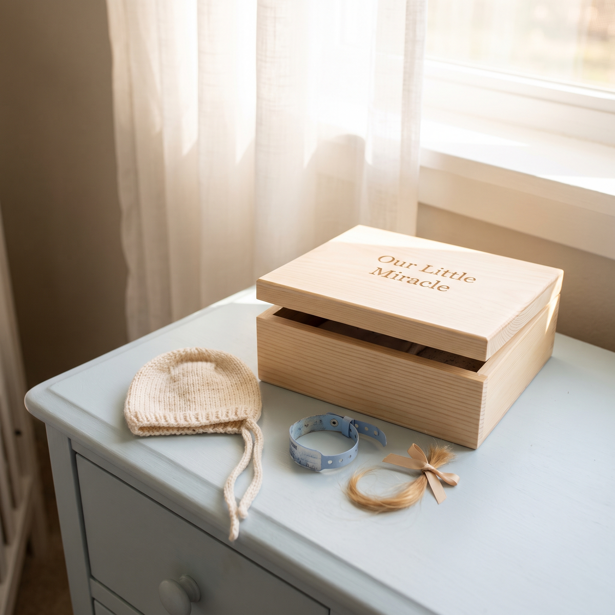 Coffret de naissance gravé sur une commode de chambre d'enfant