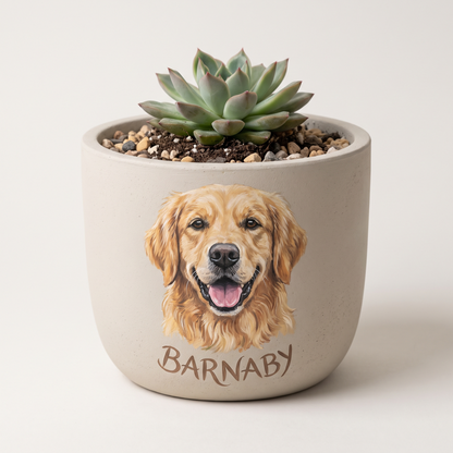 Jardinière en résine au portrait d'un chien, plante à l'intérieur