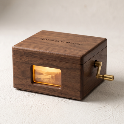 Boîte en bois à manivelle avec fenêtre lumineuse et couvercle gravé