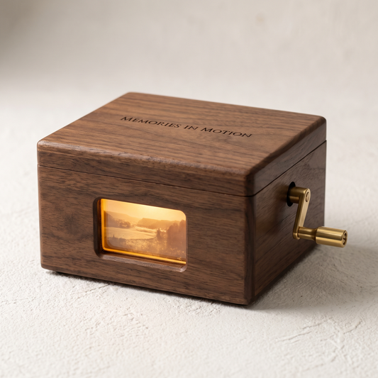 Boîte en bois à manivelle avec fenêtre lumineuse et couvercle gravé