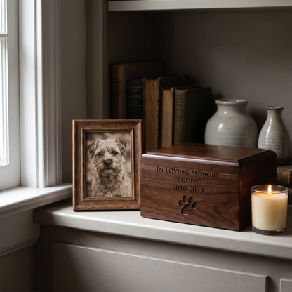 Urne en bois gravée posée sur une bibliothèque près d'un cadre