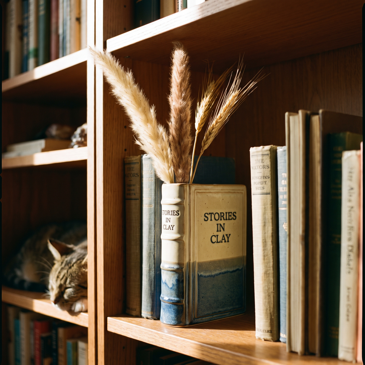 Vase-livre rangé parmi de vrais livres sur une tablette