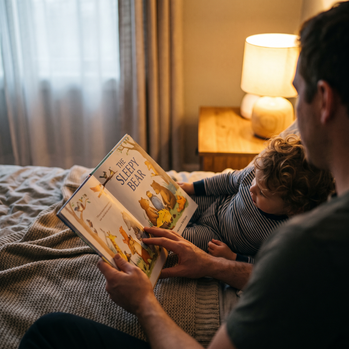 Lecture du soir, un parent tient le livre personnalisé ouvert
