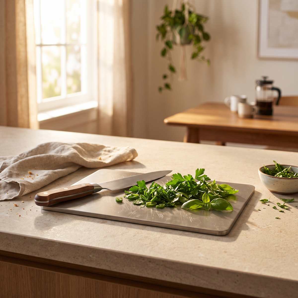 Planche en titane sur un comptoir de cuisine avec un couteau et des herbes