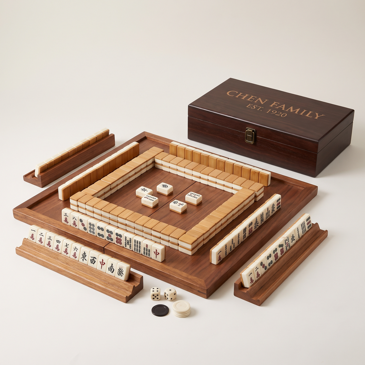 Set de mahjong complet sur son plateau pliant, avec coffret gravé