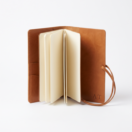 Carnet de voyage en cuir pleine fleur avec monogramme gravé et cahiers sur élastiques
