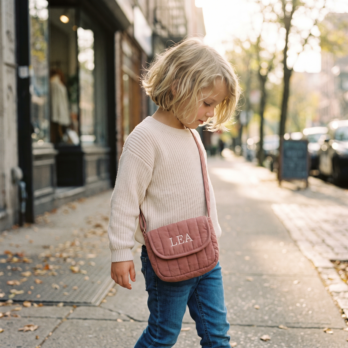 Fillette portant en bandoulière son petit sac à main au prénom brodé