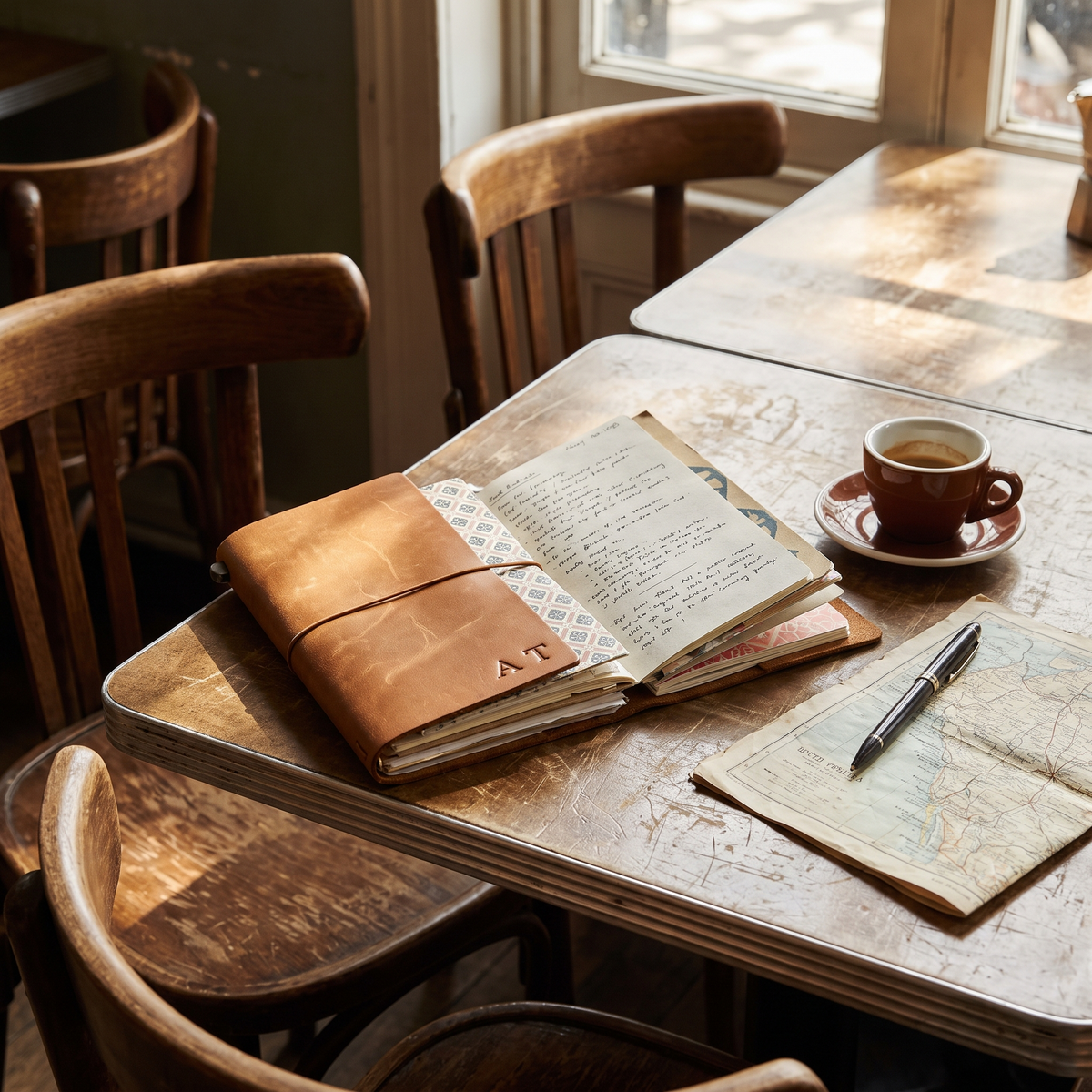 Carnet de voyage en cuir ouvert sur une table de café, avec carte et espresso