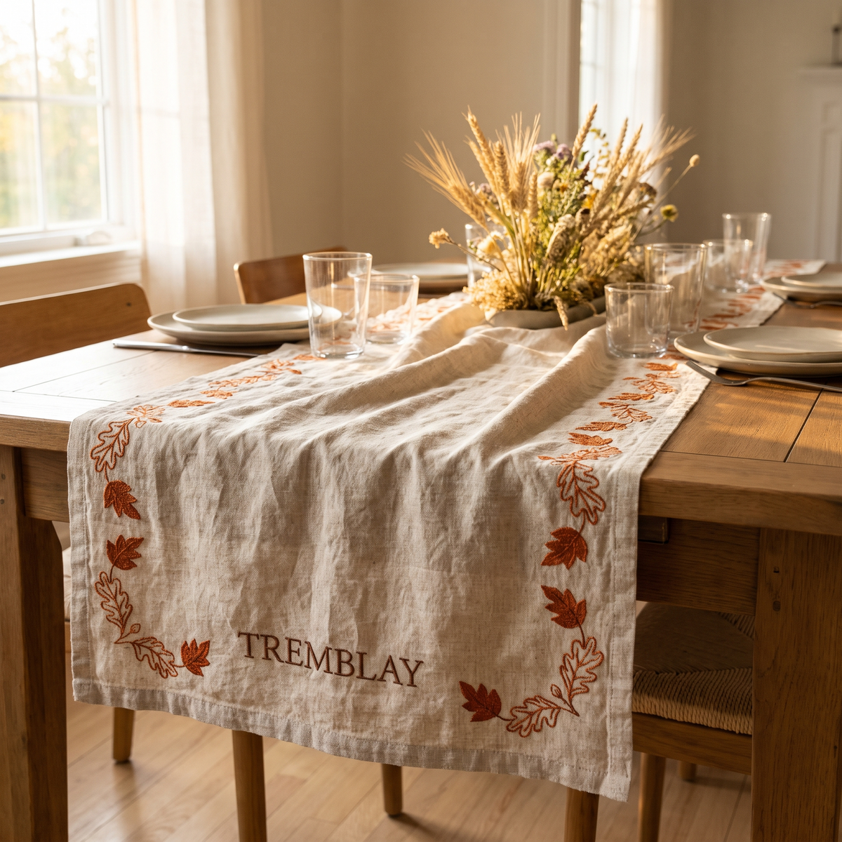 Chemin de table d'automne en lin brodé sur une table mise
