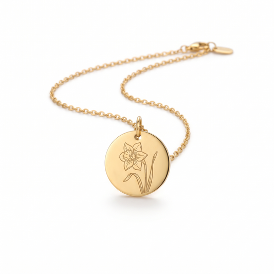 Pendentif rond doré gravé de la fleur du mois de naissance