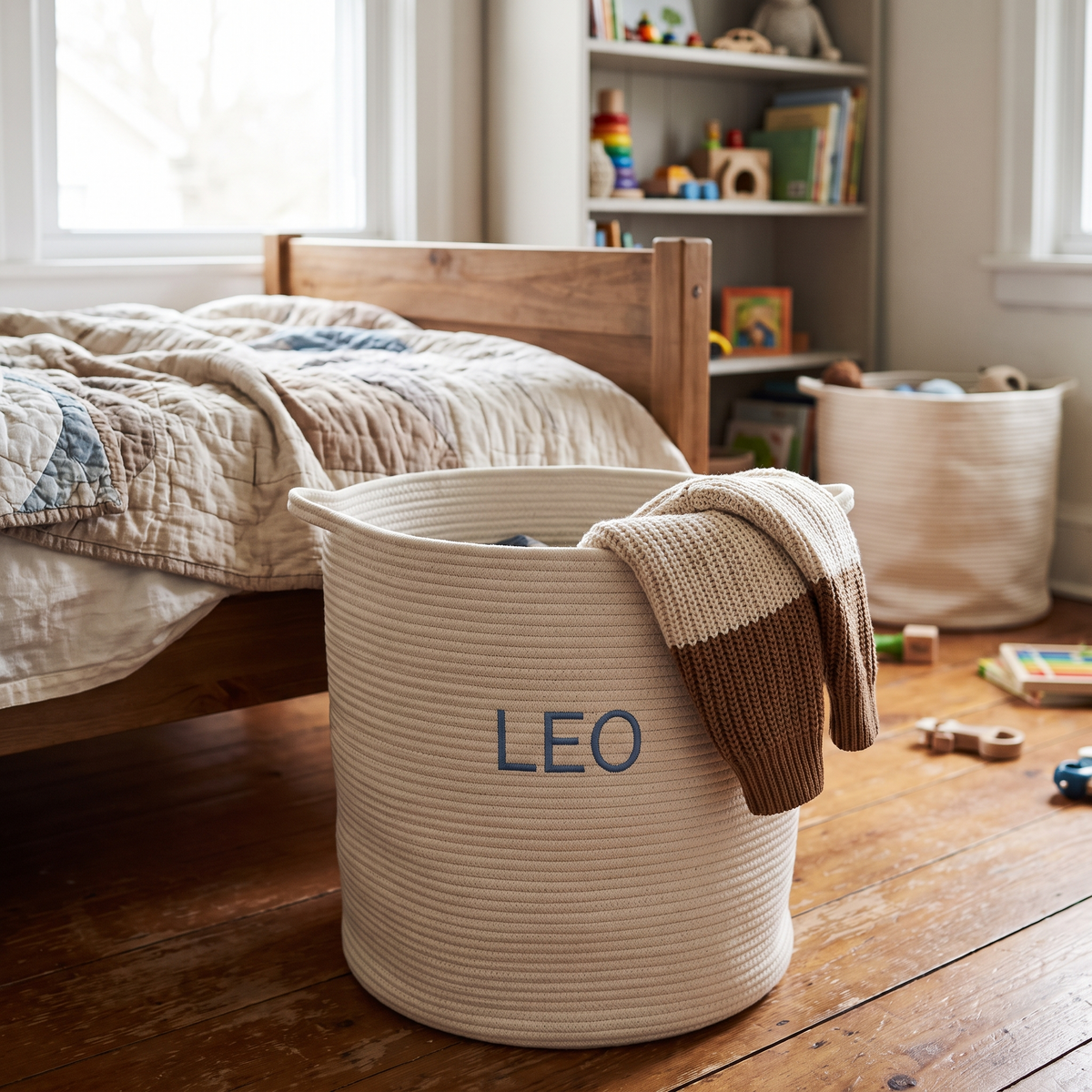 Panier à linge brodé au prénom au pied d'un lit d'enfant